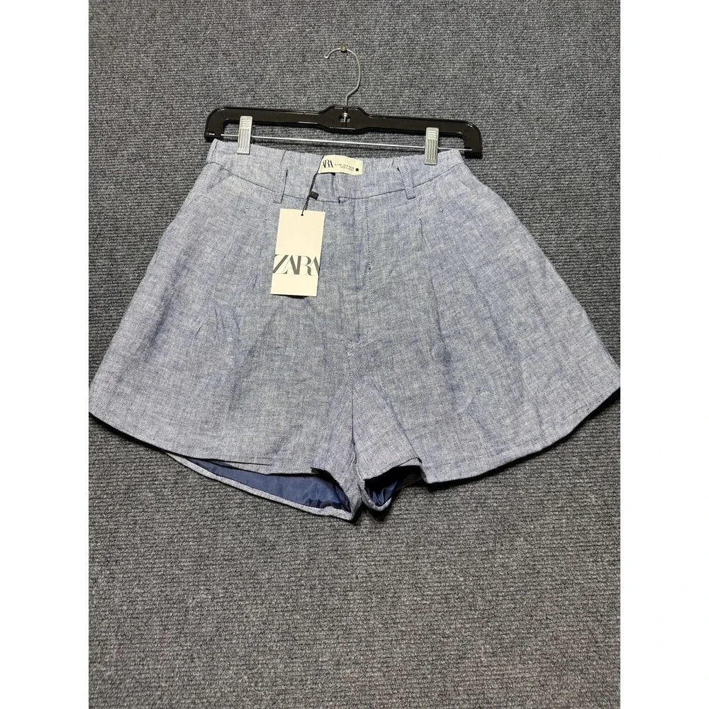 Zara Linen Blend Vest and Shorts Set Women Small Blue 8727/068/400